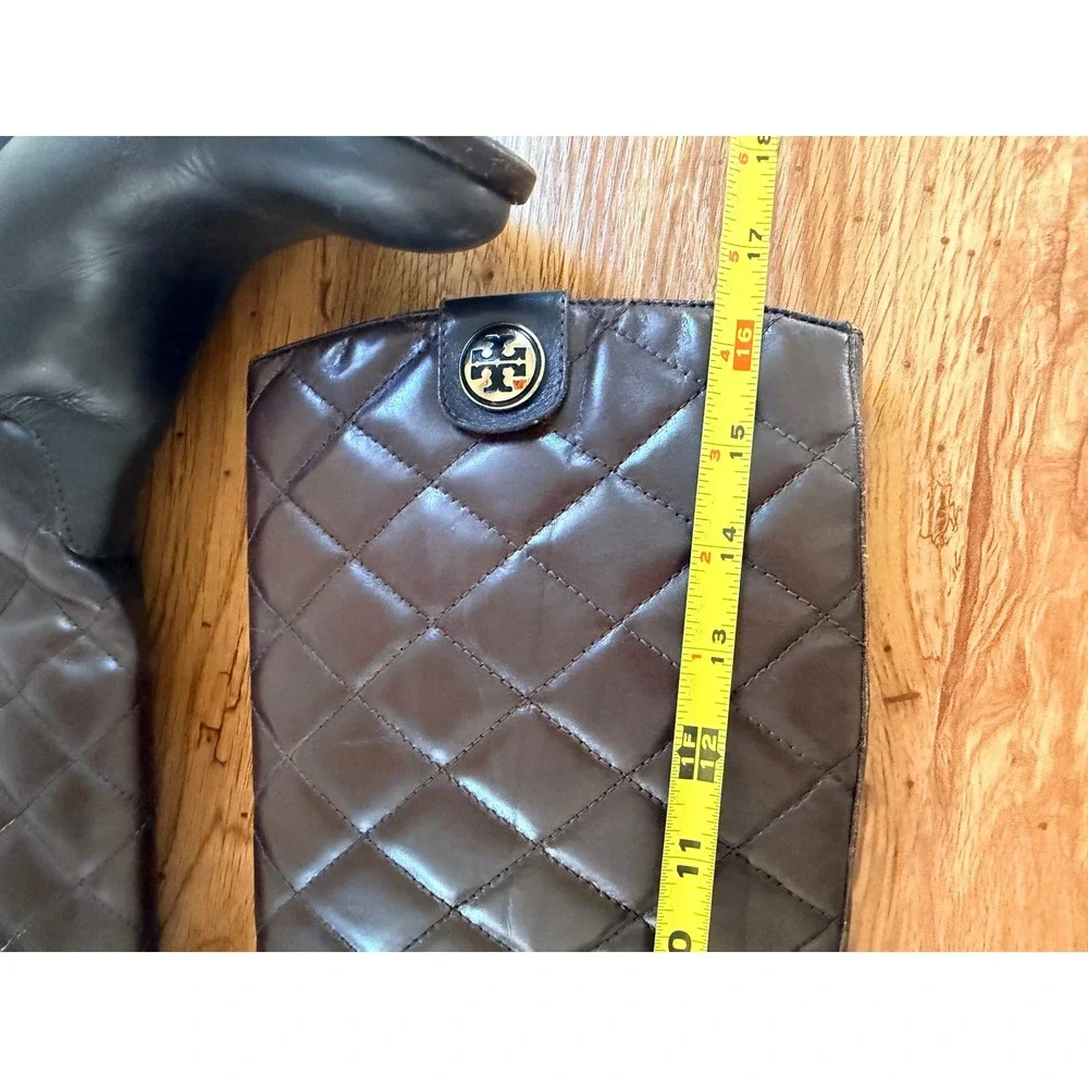 Tory Burch Kiernan Quilted Leather Riding Boots Brown Logo 8.5M